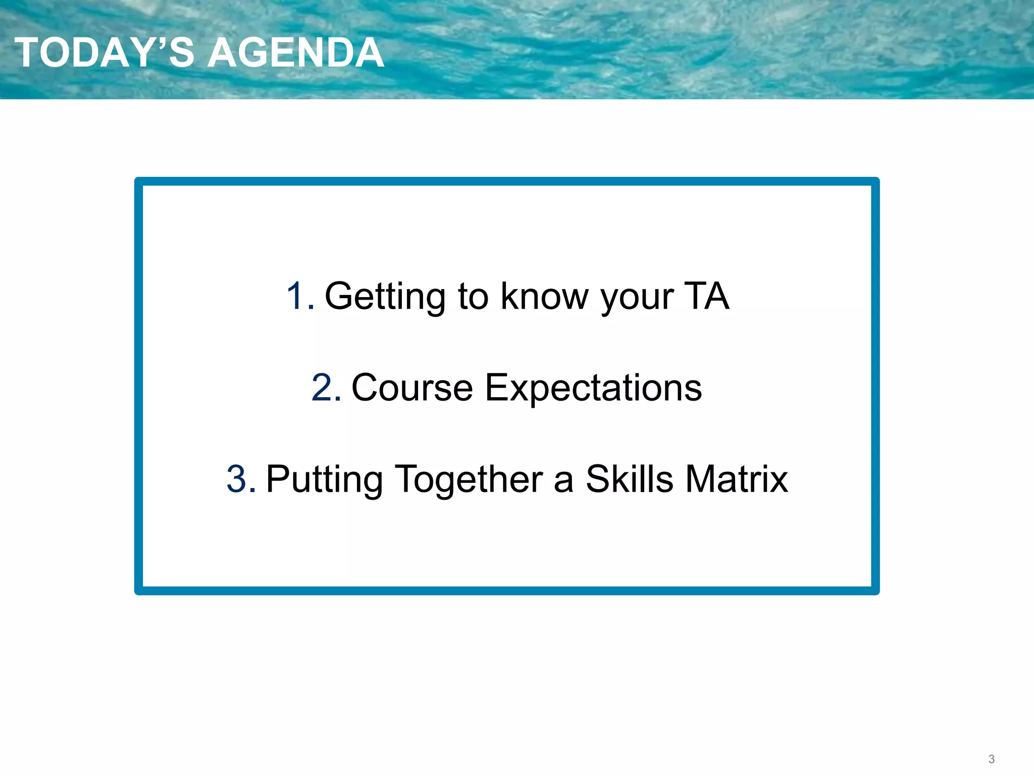3
TODAY’S AGENDA
1. Getting to know your TA
2. Course Expectations
3. Putting Together a Skills Matrix
 