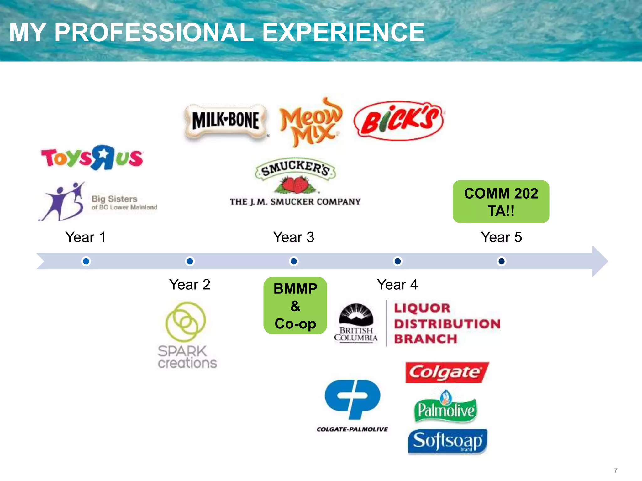 7
MY PROFESSIONAL EXPERIENCE
Year 1
Year 2
Year 3
Year 4
Year 5
BMMP
&
Co-op
COMM 202
TA!!
 