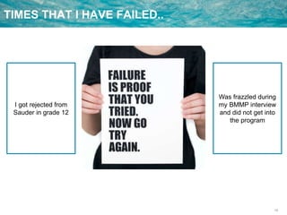 14
TIMES THAT I HAVE FAILED..
I got rejected from
Sauder in grade 12
Was frazzled during
my BMMP interview
and did not get into
the program
 