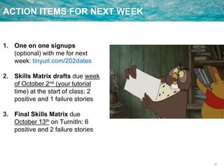 32
ACTION ITEMS FOR NEXT WEEK
1. One on one signups
(optional) with me for next
week: tinyurl.com/202dates
2. Skills Matrix drafts due week
of October 2nd (your tutorial
time) at the start of class: 2
positive and 1 failure stories
3. Final Skills Matrix due
October 13th on TurnitIn: 6
positive and 2 failure stories
 