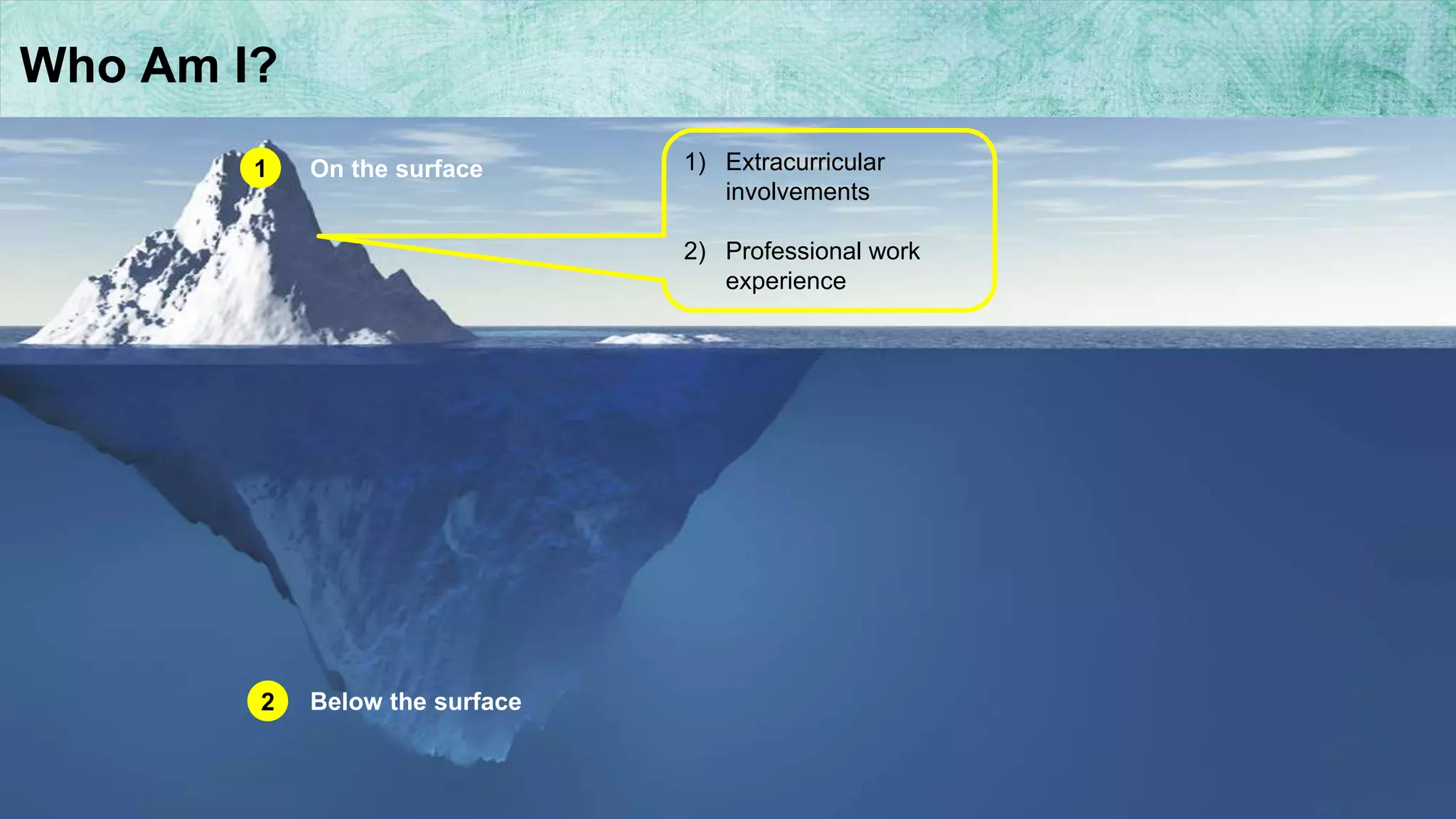 5
On the surface
Below the surface
1
2
1) Extracurricular
involvements
2) Professional work
experience
Who Am I?
 