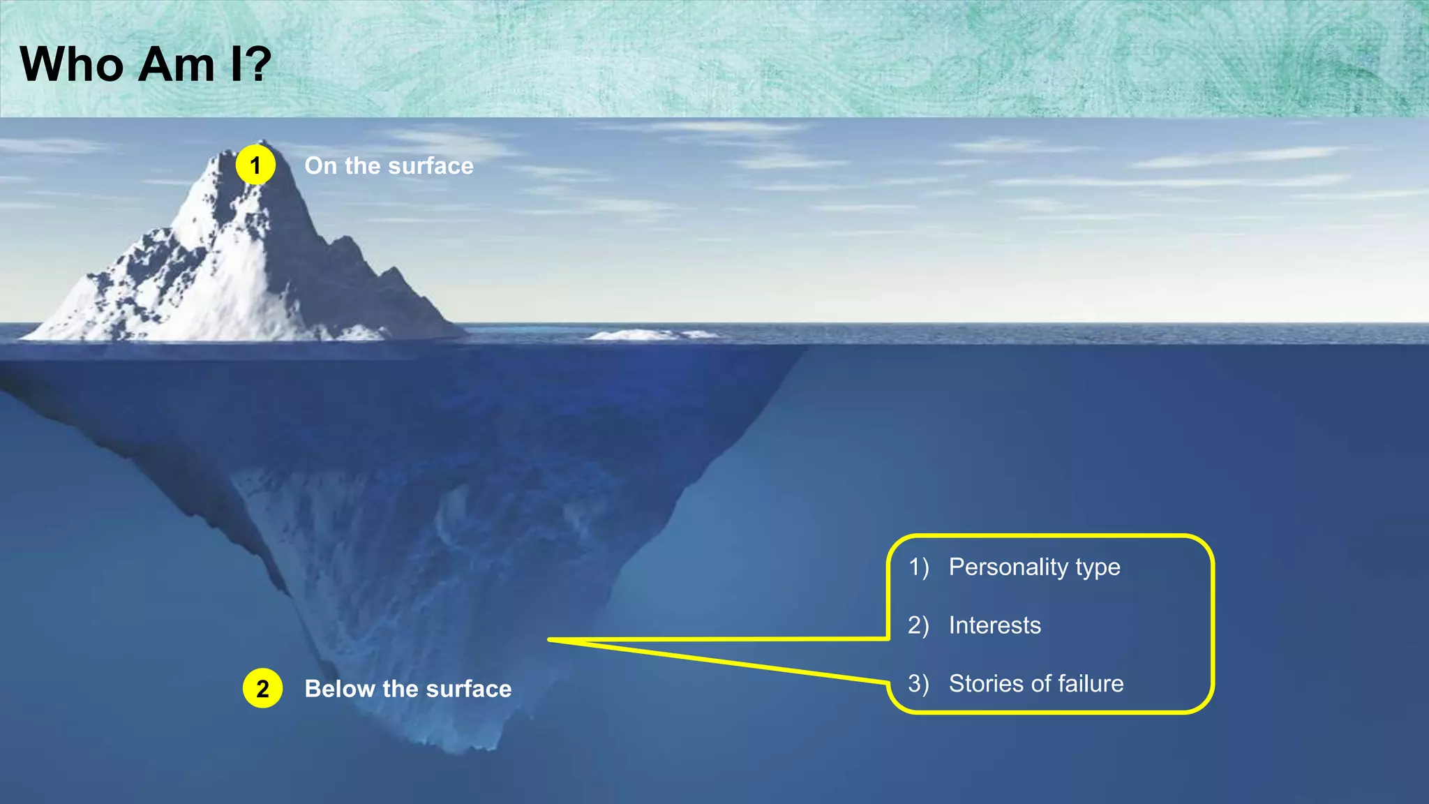 8
On the surface
Below the surface
1
2
1) Personality type
2) Interests
3) Stories of failure
Who Am I?
 