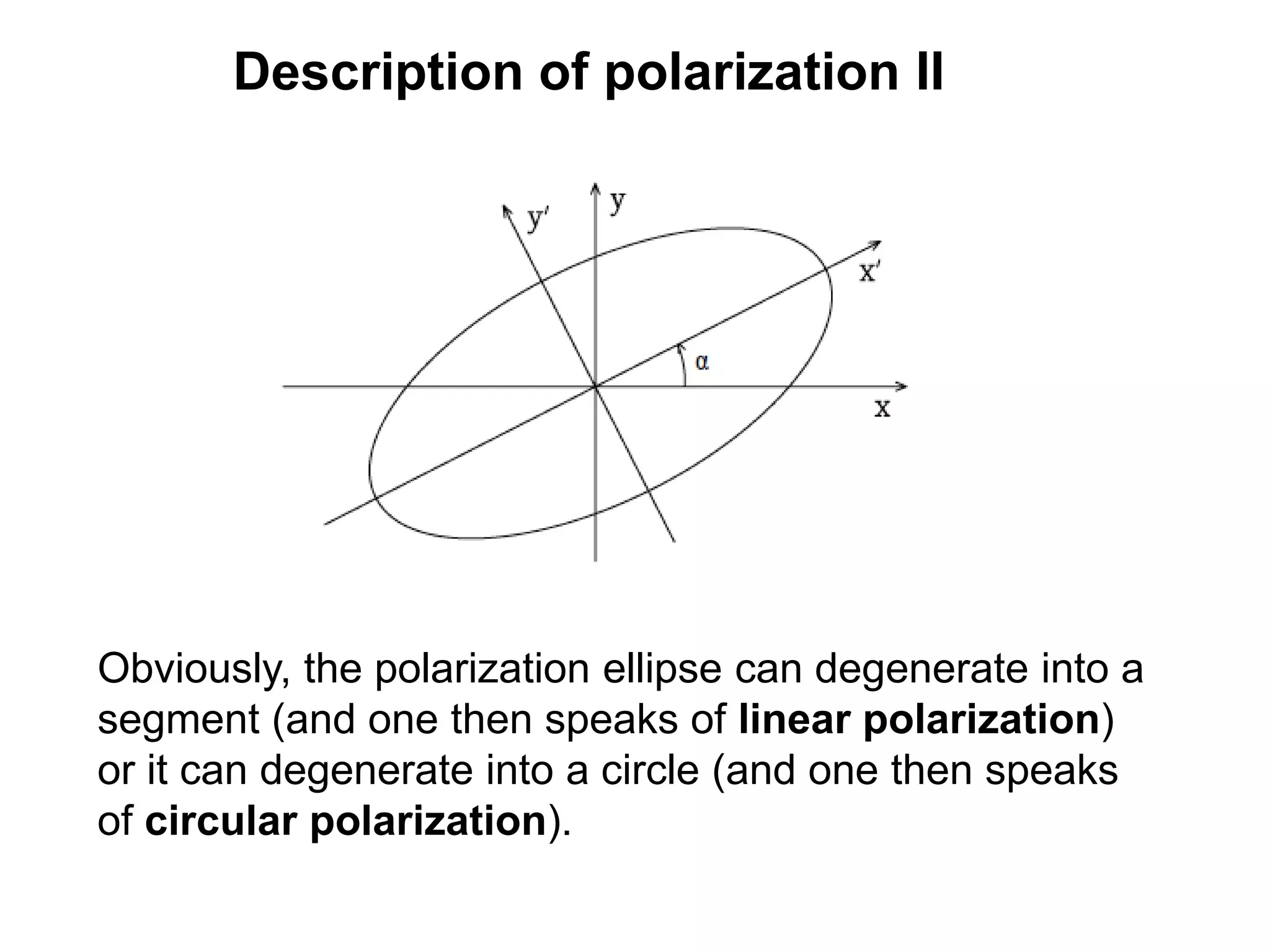 Description of polarization II
Obviously, the polarization ellipse can degenerate into a
segment (and one then speaks of linear polarization)
or it can degenerate into a circle (and one then speaks
of circular polarization).
 