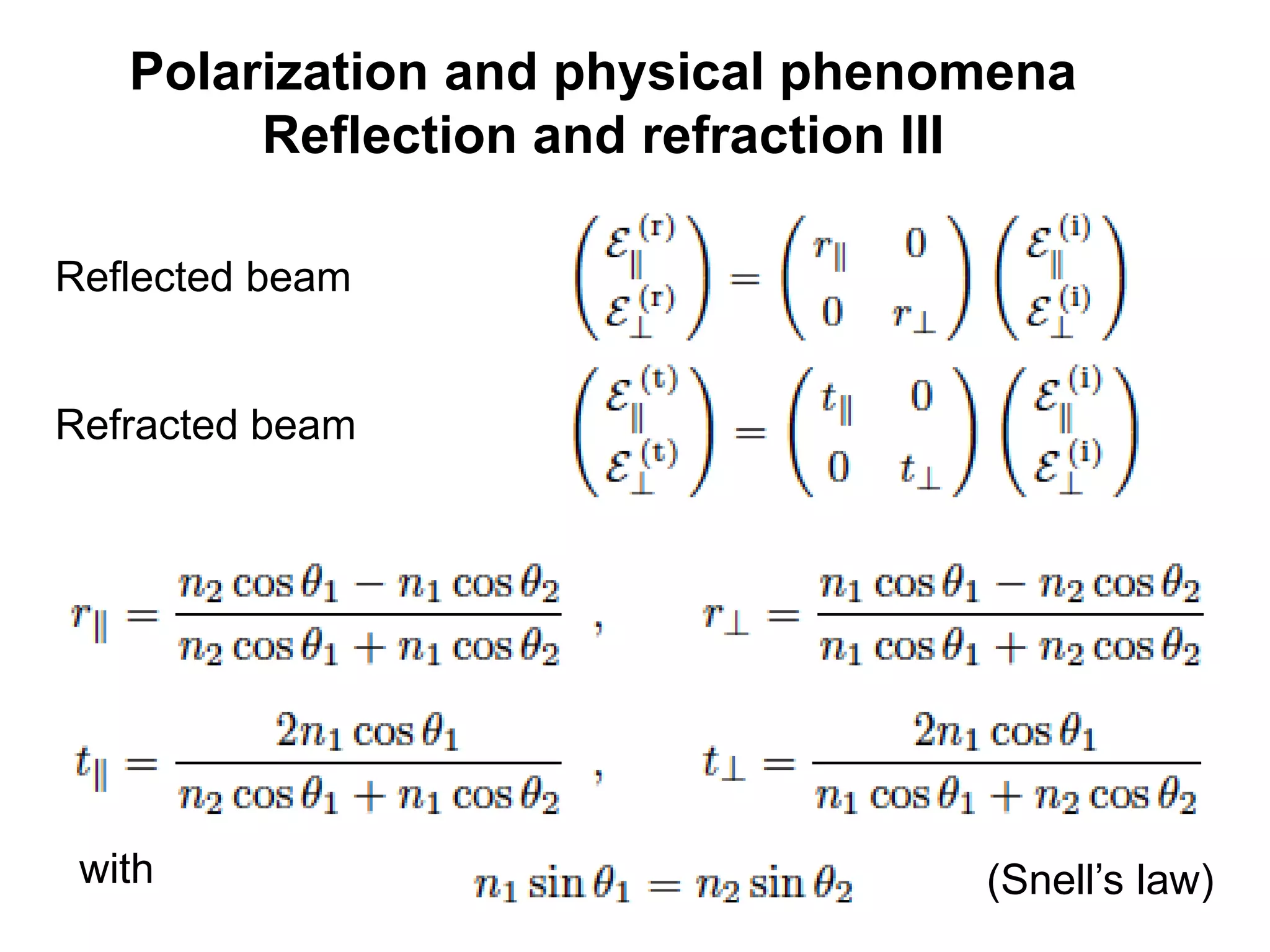 Polarization and physical phenomena
Reflection and refraction III
Reflected beam
Refracted beam
with (Snell’s law)
 