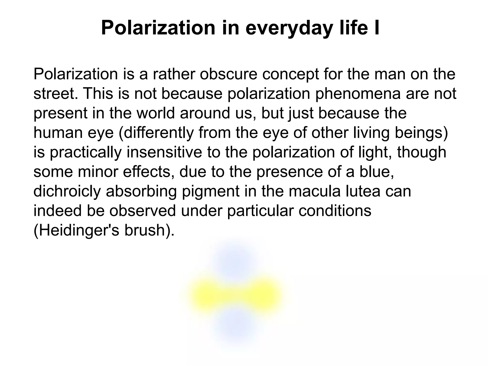 Polarization in everyday life I
Polarization is a rather obscure concept for the man on the
street. This is not because polarization phenomena are not
present in the world around us, but just because the
human eye (differently from the eye of other living beings)
is practically insensitive to the polarization of light, though
some minor effects, due to the presence of a blue,
dichroicly absorbing pigment in the macula lutea can
indeed be observed under particular conditions
(Heidinger's brush).
 