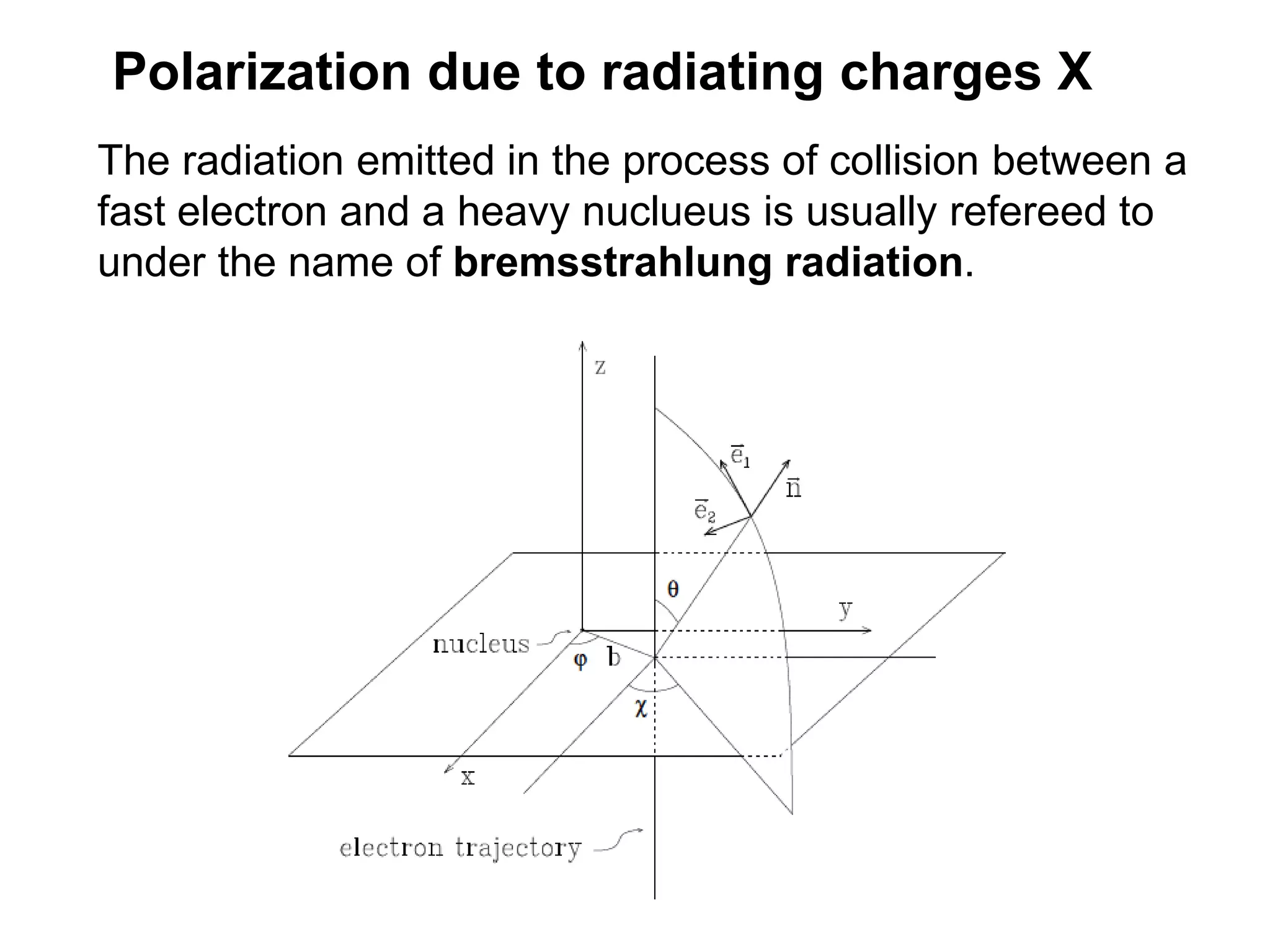 Polarization due to radiating charges X
The radiation emitted in the process of collision between a
fast electron and a heavy nuclueus is usually refereed to
under the name of bremsstrahlung radiation.
 