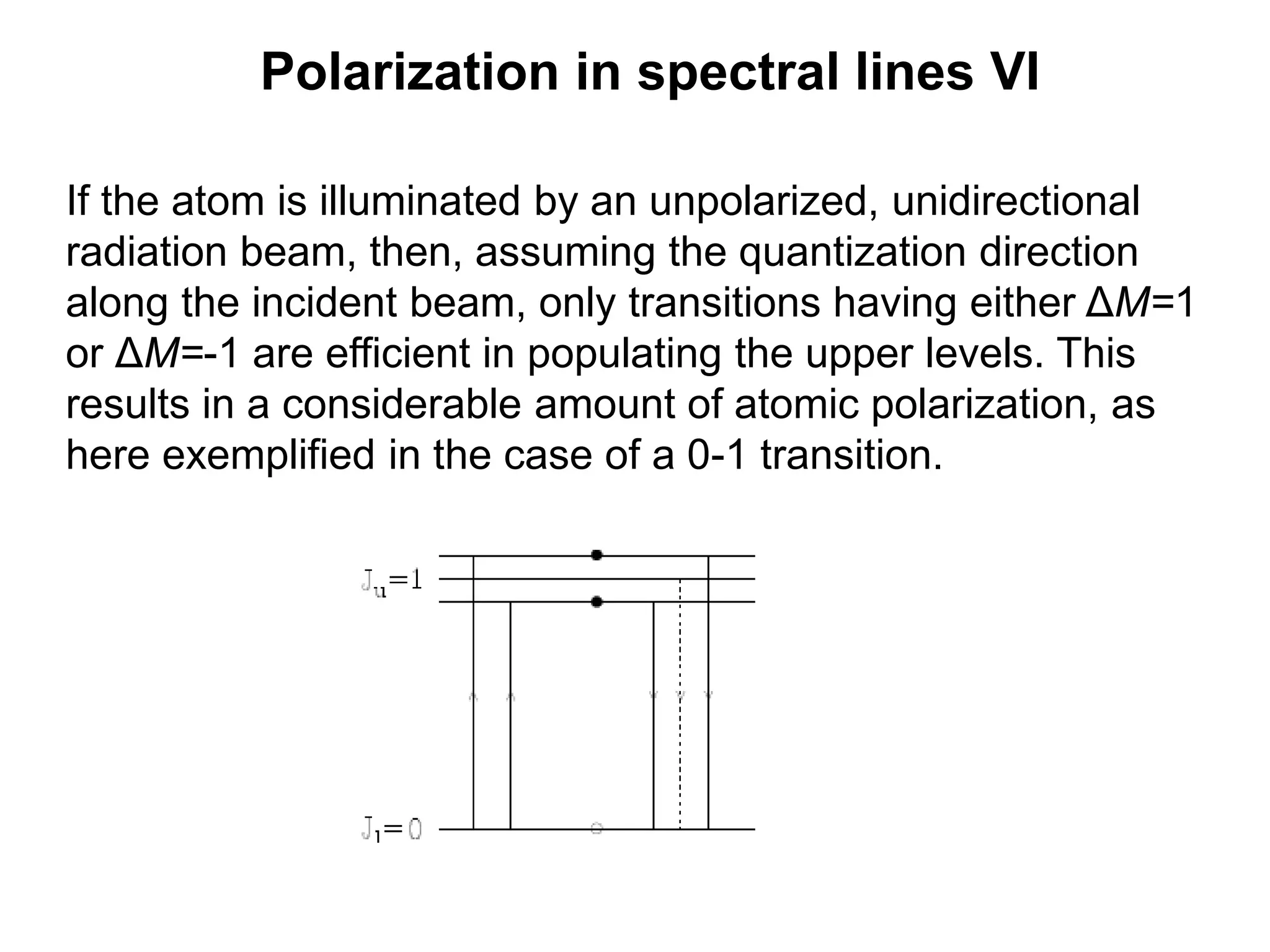 Polarization in spectral lines VI
If the atom is illuminated by an unpolarized, unidirectional
radiation beam, then, assuming the quantization direction
along the incident beam, only transitions having either ΔM=1
or ΔM=-1 are efficient in populating the upper levels. This
results in a considerable amount of atomic polarization, as
here exemplified in the case of a 0-1 transition.
 