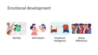 Emotional development
Identity Self-esteem Emotional
intelligence
Group
differences
 