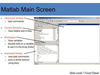 Matlab Main Screen
 Command Window
 type commands
 Current Directory
 View folders and m-files
 Workspace
 View variables
 Double click on a variable
to see it in the Array Editor
 Command History
 view past commands
 save a whole session
using diary
Slide credit: İ.Yücel Özbek
 