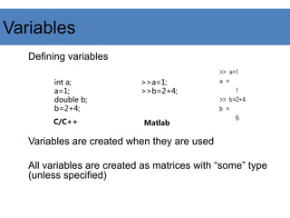 Variables
Defining variables
Variables are created when they are used
All variables are created as matrices with “some” type
(unless specified)
int a;
a=1;
double b;
b=2+4;
>>a=1;
>>b=2+4;
C/C++ Matlab
 