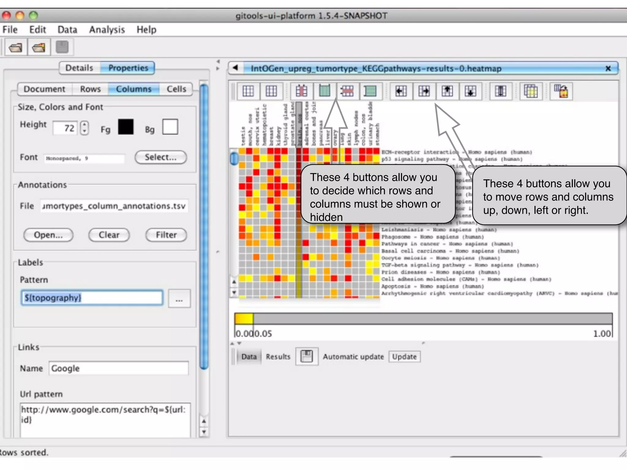 These 4 buttons allow you
                            These 4 buttons allow you
to decide which rows and
                            to move rows and columns
columns must be shown or
                            up, down, left or right.
hidden
 
