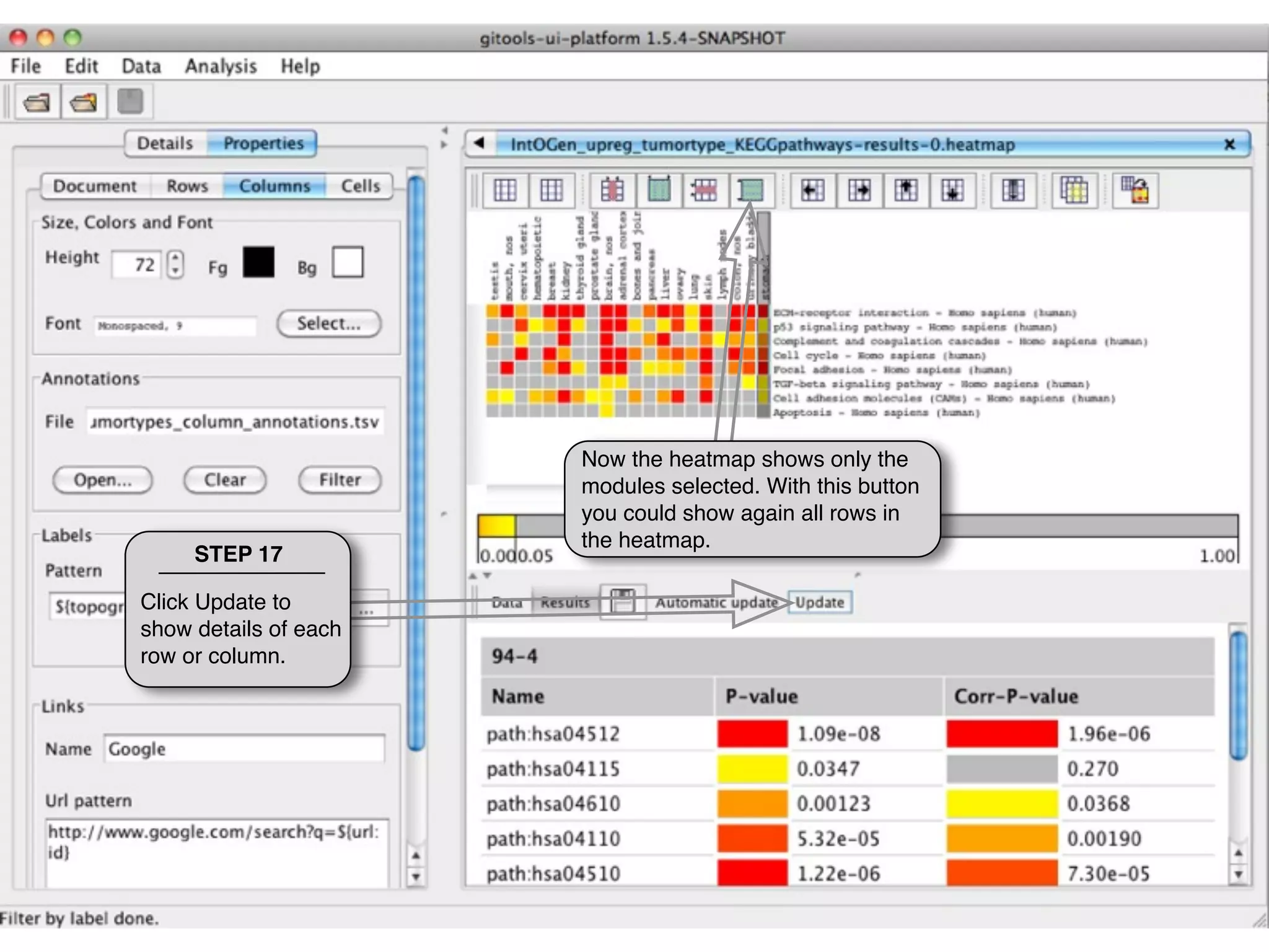 Now the heatmap shows only the
                       modules selected. With this button
                       you could show again all rows in
                       the heatmap.
     STEP 17

Click Update to
show details of each
row or column.
 