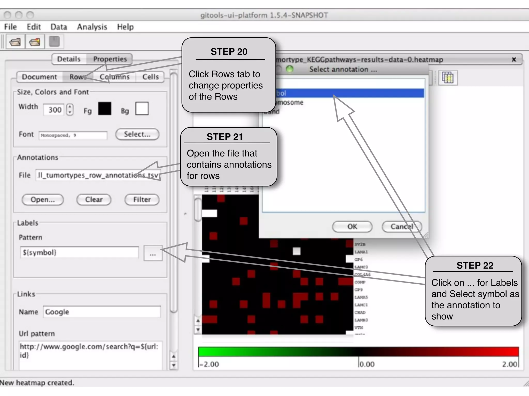 STEP 20

Click Rows tab to
change properties
of the Rows



    STEP 21
Open the ﬁle that
contains annotations
for rows




                             STEP 22
                       Click on ... for Labels
                       and Select symbol as
                       the annotation to
                       show
 