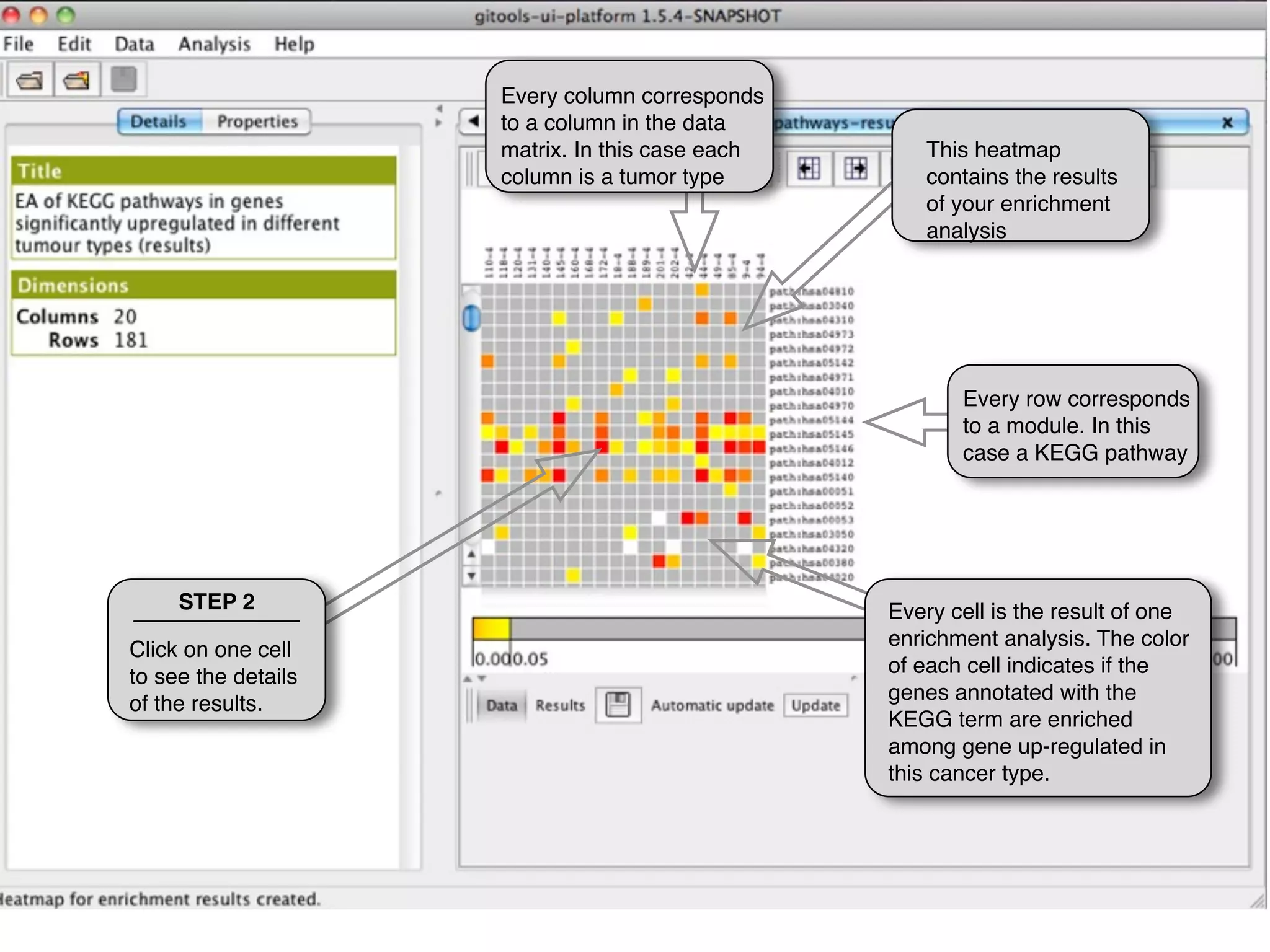 Every column corresponds
                     to a column in the data
                     matrix. In this case each      This heatmap
                     column is a tumor type         contains the results
                                                    of your enrichment
                                                    analysis




                                                        Every row corresponds
                                                        to a module. In this
                                                        case a KEGG pathway




     STEP 2                                      Every cell is the result of one
                                                 enrichment analysis. The color
Click on one cell
                                                 of each cell indicates if the
to see the details
                                                 genes annotated with the
of the results.
                                                 KEGG term are enriched
                                                 among gene up-regulated in
                                                 this cancer type.
 