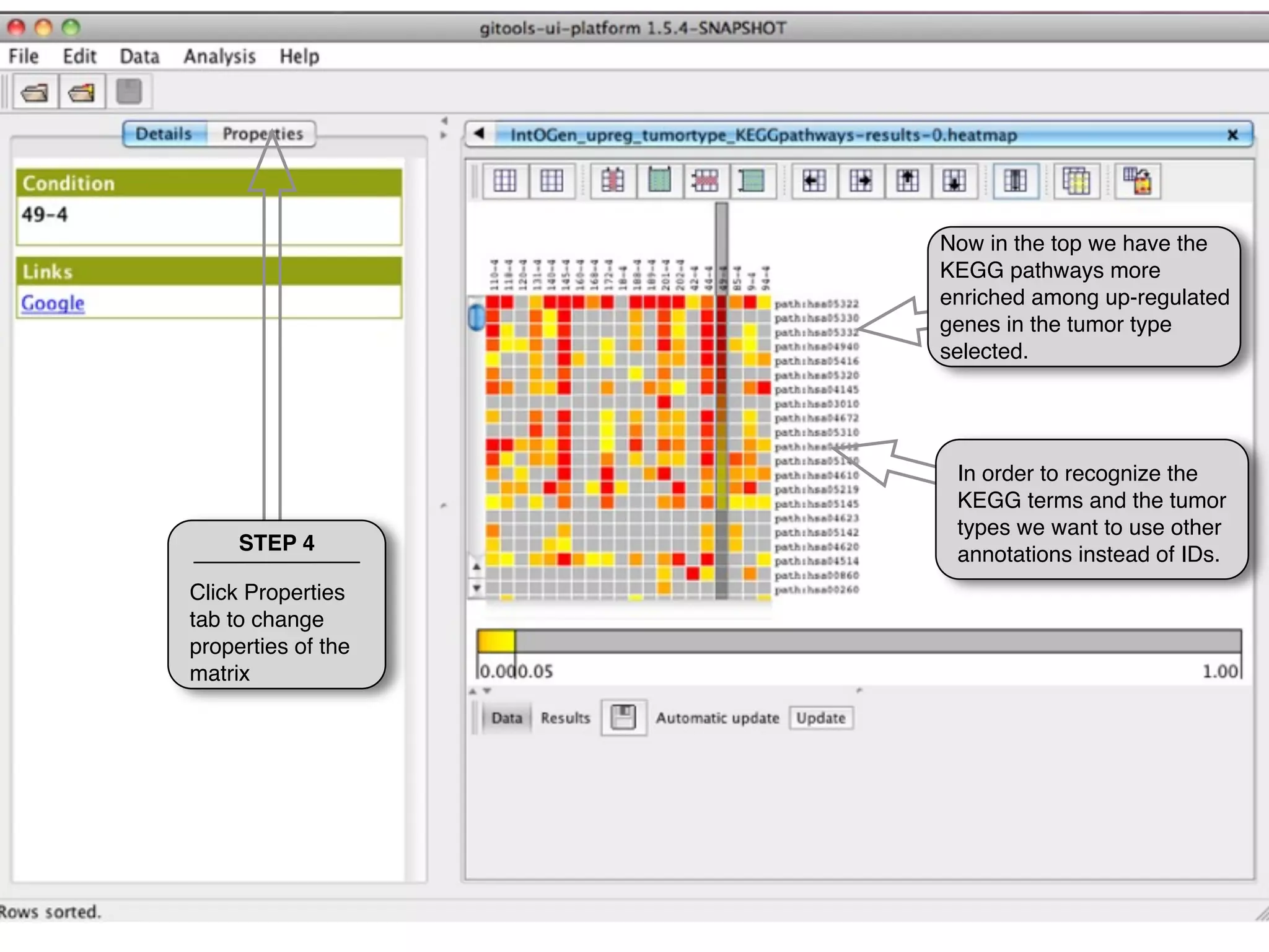 Now in the top we have the
                    KEGG pathways more
                    enriched among up-regulated
                    genes in the tumor type
                    selected.




                     In order to recognize the
                     KEGG terms and the tumor
                     types we want to use other
     STEP 4          annotations instead of IDs.
Click Properties
tab to change
properties of the
matrix
 