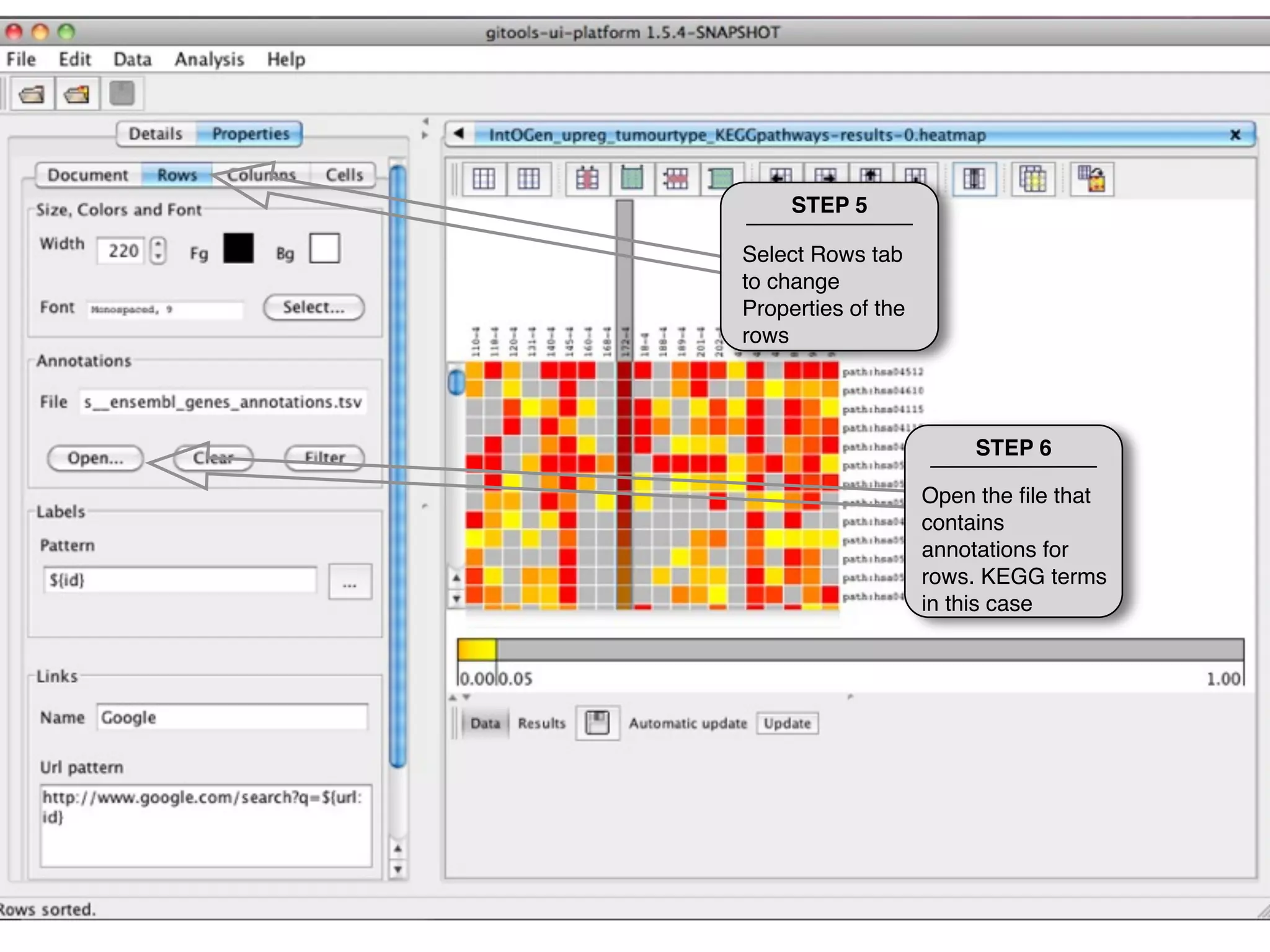 STEP 5

Select Rows tab
to change
Properties of the
rows




                        STEP 6

                    Open the ﬁle that
                    contains
                    annotations for
                    rows. KEGG terms
                    in this case
 