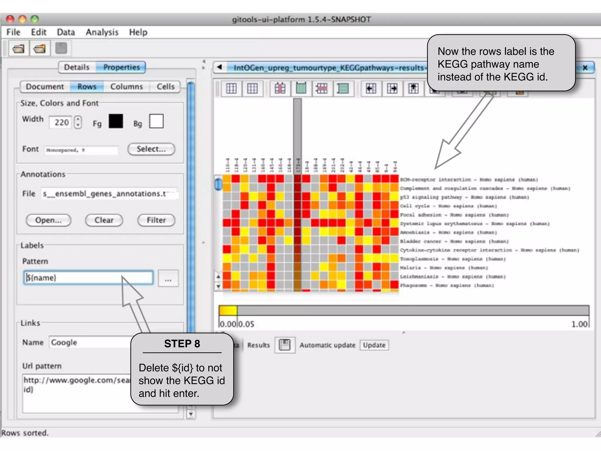 Now the rows label is the
                      KEGG pathway name
                      instead of the KEGG id.




     STEP 8

Delete ${id} to not
show the KEGG id
and hit enter.
 