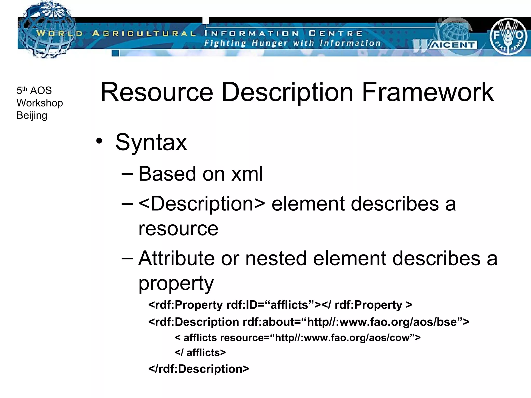 Resource Description Framework Syntax Based on xml <Description> element describes a resource Attribute or nested element describes a property <rdf:Property rdf:ID=“afflicts”></ rdf:Property > <rdf:Description rdf:about=“http//:www.fao.org/aos/bse”> < afflicts resource=“http//:www.fao.org/aos/cow”> </ afflicts> </rdf:Description> 