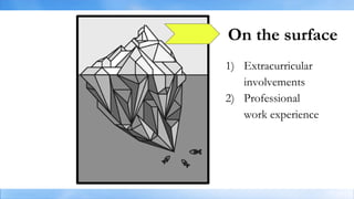 On the surface
1) Extracurricular
involvements
2) Professional
work experience
 