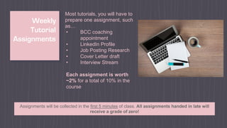 Weekly
Tutorial
Assignments
Most tutorials, you will have to
prepare one assignment, such
as…
• BCC coaching
appointment
• LinkedIn Profile
• Job Posting Research
• Cover Letter draft
• Interview Stream
Each assignment is worth
~2% for a total of 10% in the
course
Assignments will be collected in the first 5 minutes of class. All assignments handed in late will
receive a grade of zero!
 