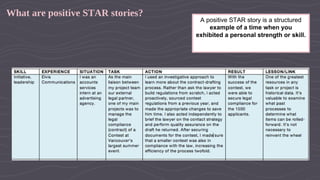 What are positive STAR stories?
A positive STAR story is a structured
example of a time when you
exhibited a personal strength or skill.
 