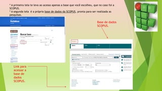 * A primeira tela te leva ao acesso apenas a base que você escolheu, que no caso foi a
SCOPUS.
* A segunda tela é a própria base de dados da SCOPUS, pronta para ser realizada as
pesquisas.
Link para
acessar a
base de
dados
SCOPUS.
Base de dados
SCOPUS.
 