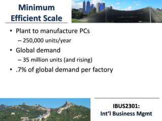 IBUS2301:
Int’l Business Mgmt
Minimum
Efficient Scale
• Plant to manufacture PCs
– 250,000 units/year
• Global demand
– 35...