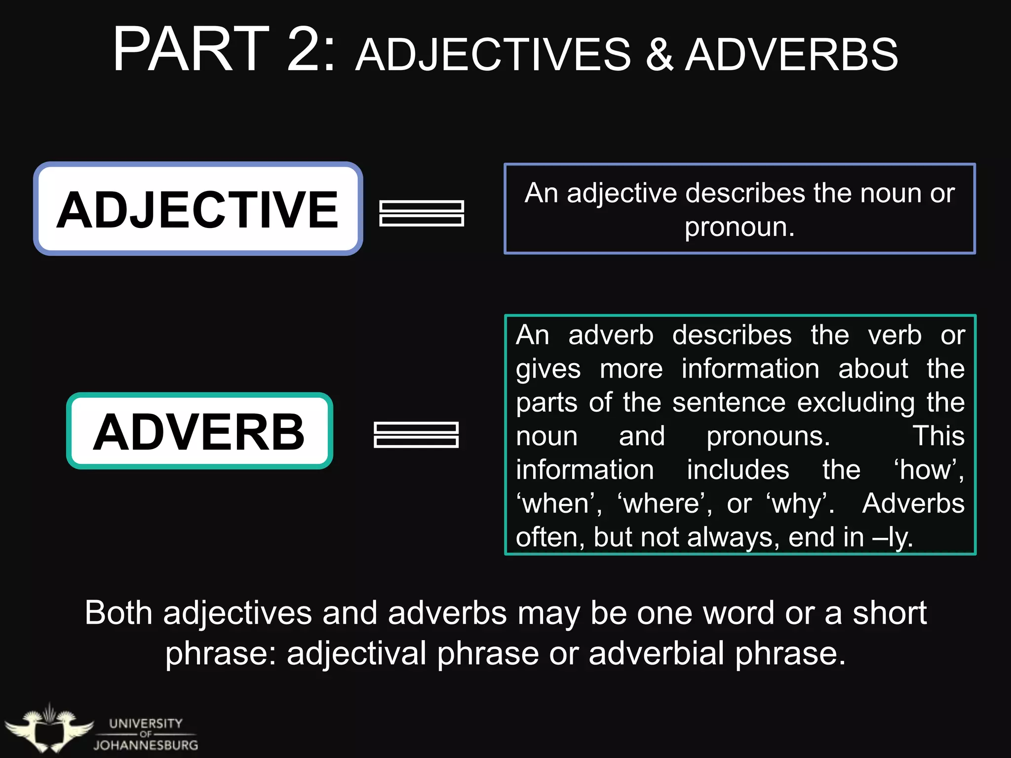 PART 2: ADJECTIVES & ADVERBS
ADJECTIVE
ADVERB
An adjective describes the noun or
pronoun.
An adverb describes the verb or
gives more information about the
parts of the sentence excluding the
noun and pronouns. This
information includes the ‘how’,
‘when’, ‘where’, or ‘why’. Adverbs
often, but not always, end in –ly.
Both adjectives and adverbs may be one word or a short
phrase: adjectival phrase or adverbial phrase.
 