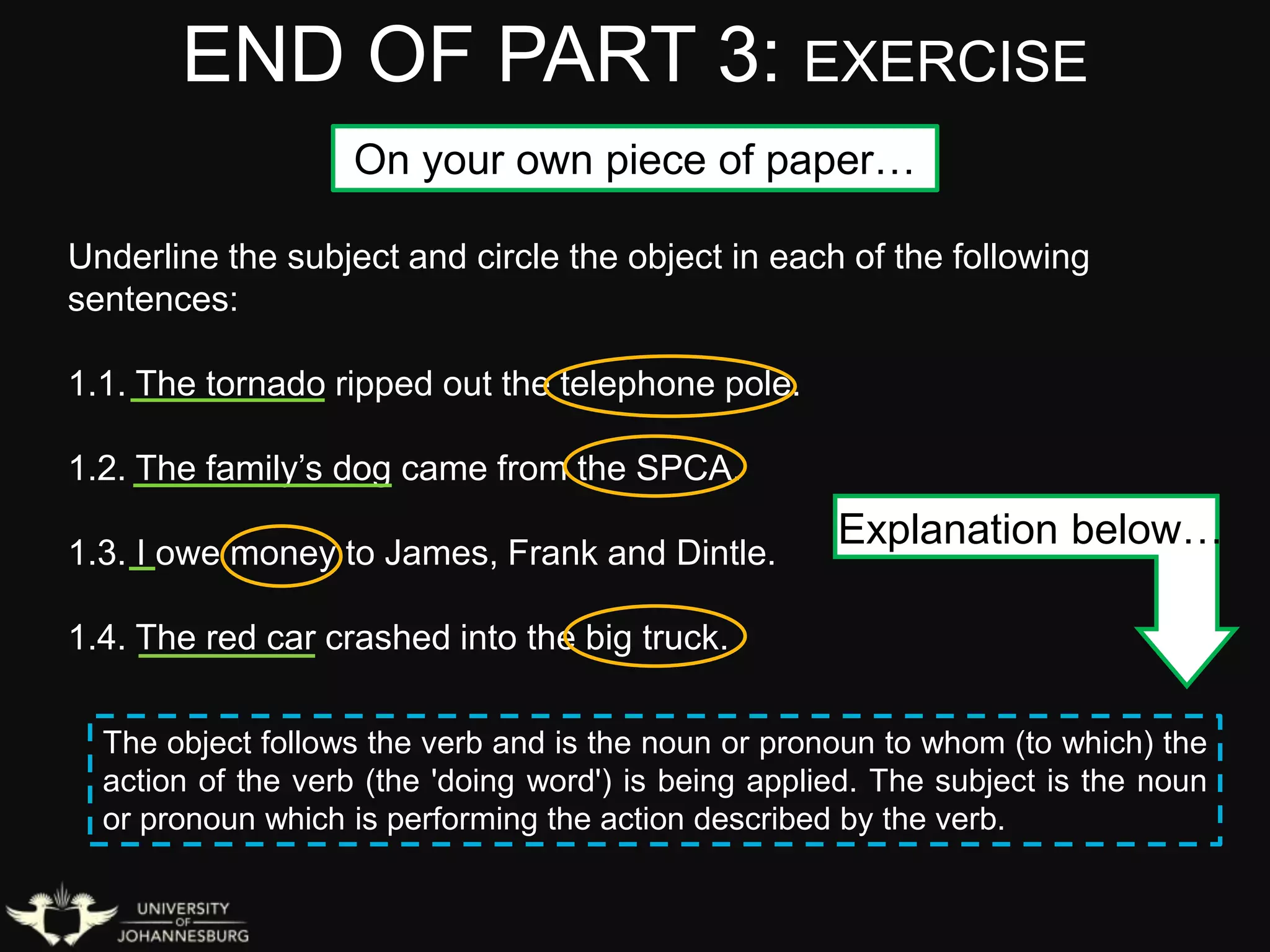 END OF PART 3: EXERCISE
Underline the subject and circle the object in each of the following
sentences:
1.1. The tornado ripped out the telephone pole.
1.2. The family’s dog came from the SPCA.
1.3. I owe money to James, Frank and Dintle.
1.4. The red car crashed into the big truck.
The object follows the verb and is the noun or pronoun to whom (to which) the
action of the verb (the 'doing word') is being applied. The subject is the noun
or pronoun which is performing the action described by the verb.
Explanation below…
On your own piece of paper…
 