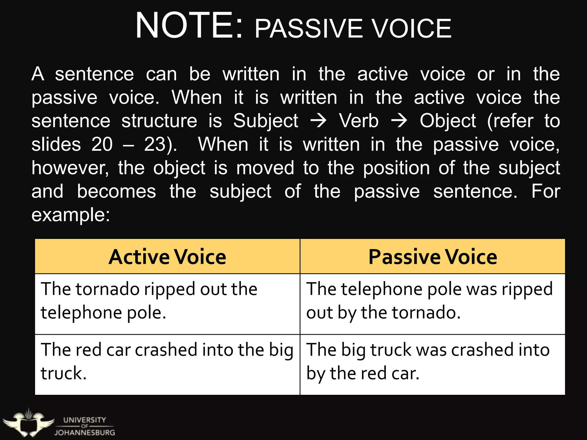 NOTE: PASSIVE VOICE
A sentence can be written in the active voice or in the
passive voice. When it is written in the active voice the
sentence structure is Subject  Verb  Object (refer to
slides 20 – 23). When it is written in the passive voice,
however, the object is moved to the position of the subject
and becomes the subject of the passive sentence. For
example:
ActiveVoice PassiveVoice
The tornado ripped out the
telephone pole.
The telephone pole was ripped
out by the tornado.
The red car crashed into the big
truck.
The big truck was crashed into
by the red car.
 