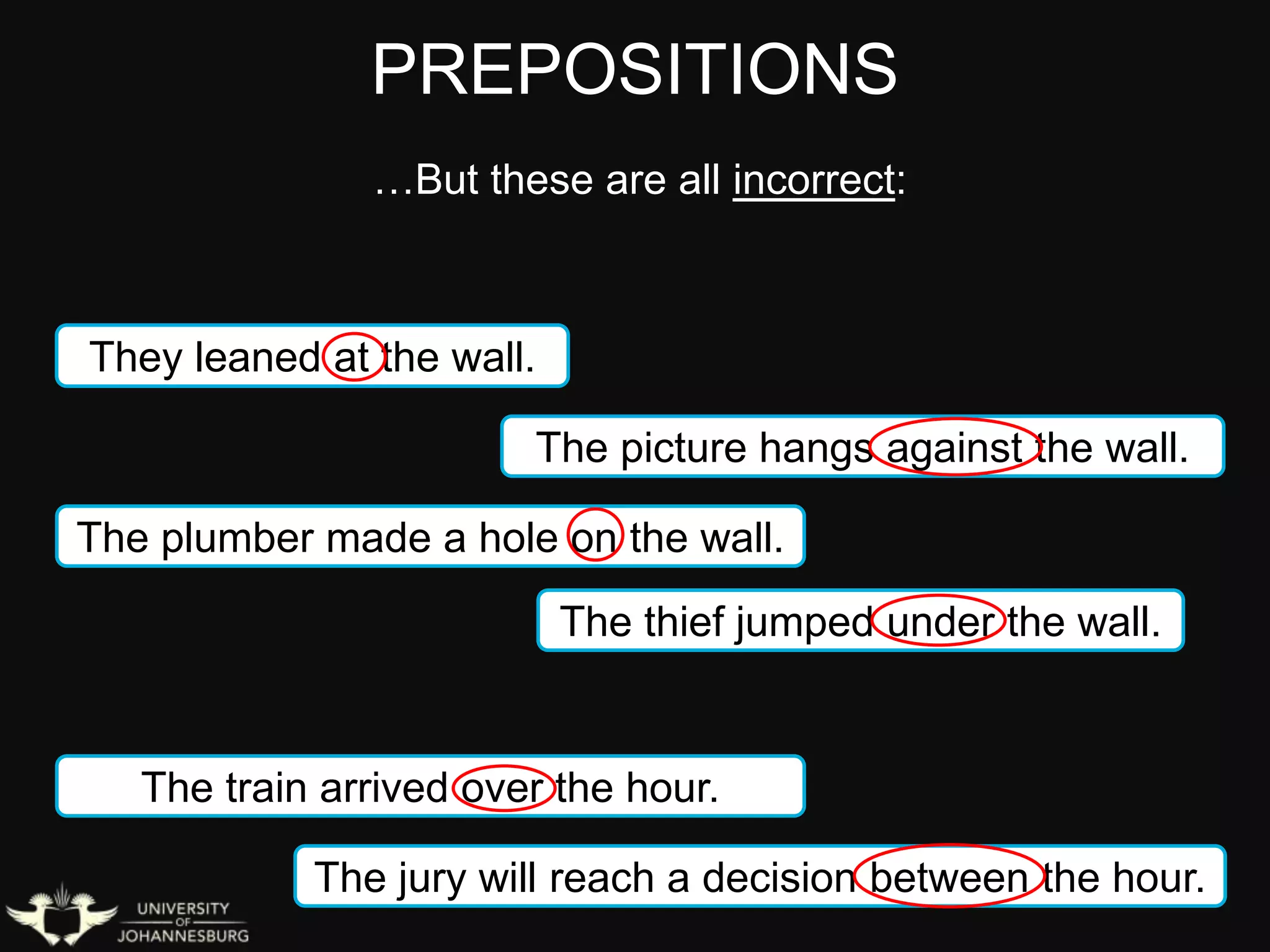 PREPOSITIONS
…But these are all incorrect:
They leaned at the wall.
The picture hangs against the wall.
The jury will reach a decision between the hour.
The plumber made a hole on the wall.
The train arrived over the hour.
The thief jumped under the wall.
 