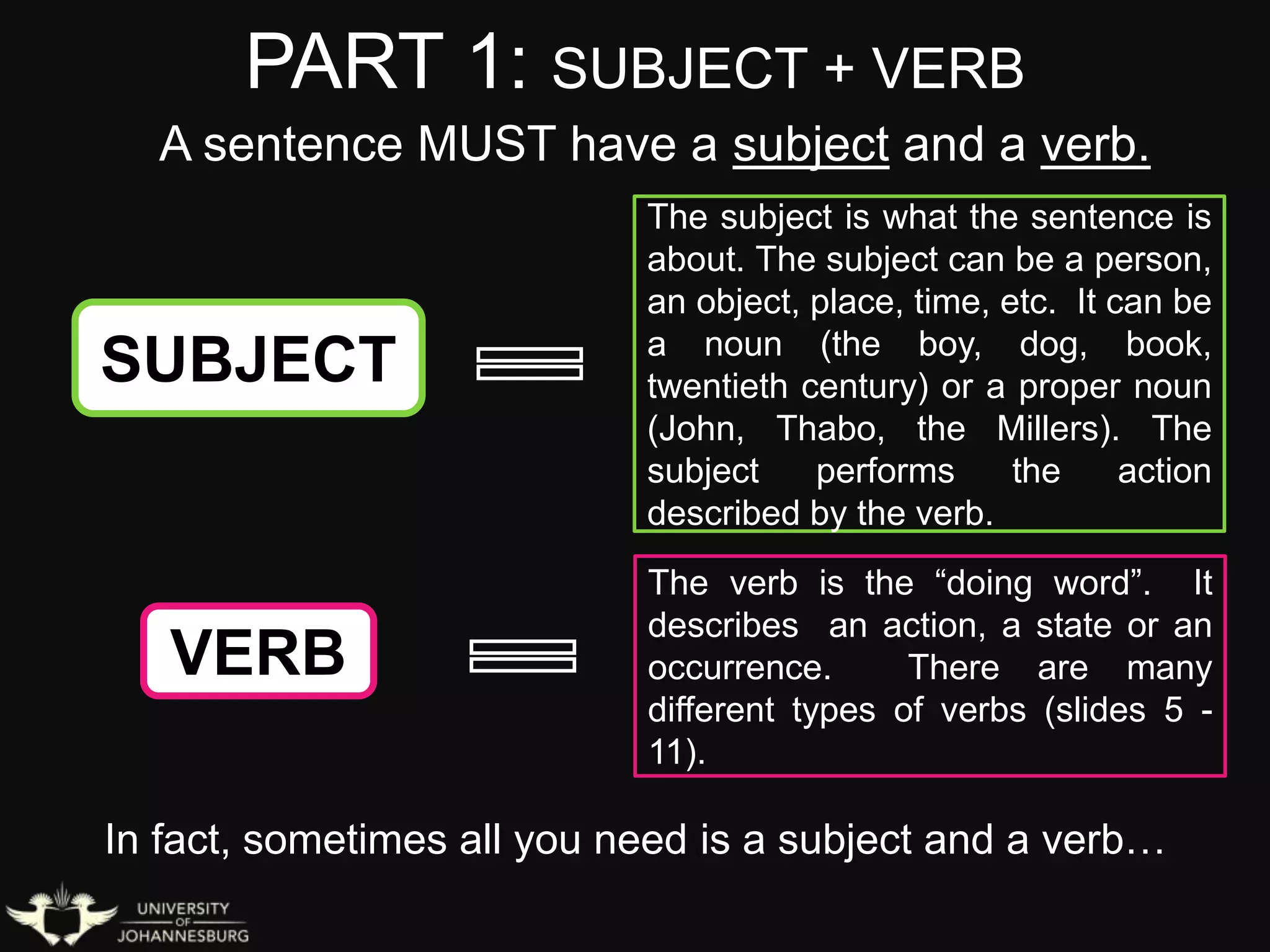 PART 1: SUBJECT + VERB
A sentence MUST have a subject and a verb.
SUBJECT
VERB
The subject is what the sentence is
about. The subject can be a person,
an object, place, time, etc. It can be
a noun (the boy, dog, book,
twentieth century) or a proper noun
(John, Thabo, the Millers). The
subject performs the action
described by the verb.
The verb is the “doing word”. It
describes an action, a state or an
occurrence. There are many
different types of verbs (slides 5 -
11).
In fact, sometimes all you need is a subject and a verb…
 