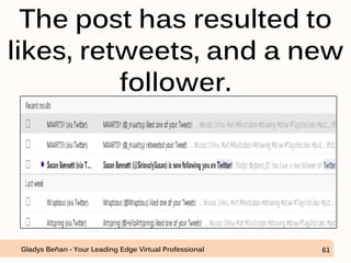 The post has resulted to
likes, retweets, and a new
follower.
Gladys Beñan - Your Leading Edge Virtual Professional 61
 