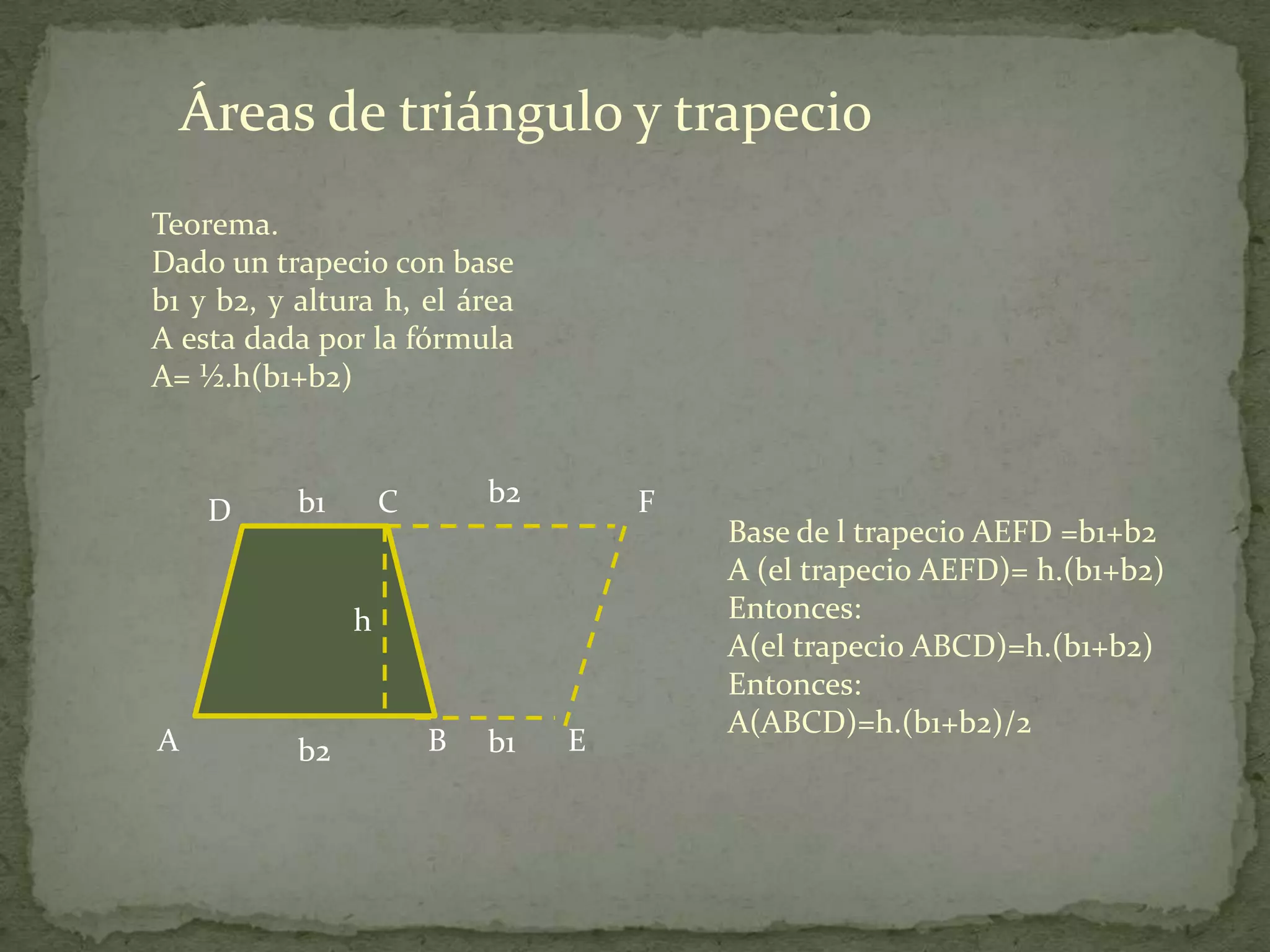 Áreas de triángulo y trapecio
Teorema.
Dado un trapecio con base
b1 y b2, y altura h, el área
A esta dada por la fórmula
A= ½.h(b1+b2)


           b1       C       b2       F
     D
                                         Base de l trapecio AEFD =b1+b2
                                         A (el trapecio AEFD)= h.(b1+b2)
                h                        Entonces:
                                         A(el trapecio ABCD)=h.(b1+b2)
                                         Entonces:
                                         A(ABCD)=h.(b1+b2)/2
A          b2           B   b1   E
 