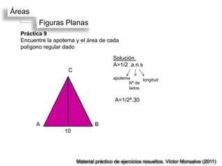 Áreas
         Figuras Planas
  Práctica 9
  Encuentre la apotema y el área de cada
  polígono regular dado

                                         Solución.
                                         A=1/2 .a.n.s
                    C
                                         apotema      longitud
                                                Nº de
                                                lados

                                         A=1/2ª.30



        A                       B
                   10




                        Material práctico de ejercicios resueltos, Víctor Monsalve (2011)
 
