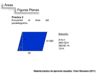 Áreas
         Figuras Planas

    Práctica 2
    Encuentre      el    área       del
    paralelogramo.



                                                  Solución:

               h                                  A=b.h
                                     A=360
                                                  360=30.h
                                                  360/30 =h
                                                  12=h
                   30




                        Material práctico de ejercicios resueltos, Víctor Monsalve (2011)
 