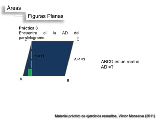 Áreas
        Figuras Planas

    Práctica 3
    Encuentre    el   la   AD      del
    paralelogramo.
       D                             C



            h =11
                                   A=143
                                                     ABCD es un rombo
                                                     AD =?

    A                         B




                       Material práctico de ejercicios resueltos, Víctor Monsalve (2011)
 