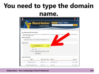 You need to type the domain
name.
Gladys Beñan - Your Leading Edge Virtual Professional 104
 
