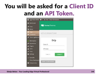 You will be asked for a Client ID
and an API Token.
Gladys Beñan - Your Leading Edge Virtual Professional 140
 