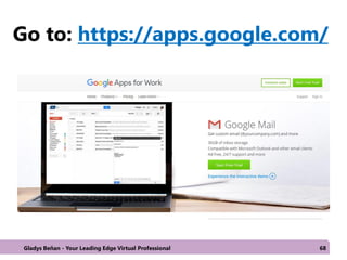 Go to: https://apps.google.com/
Gladys Beñan - Your Leading Edge Virtual Professional 68
 