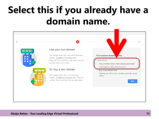 Select this if you already have a
domain name.
Gladys Beñan - Your Leading Edge Virtual Professional 73
 