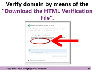 Verify domain by means of the
“Download the HTML Verification
File”.
Gladys Beñan - Your Leading Edge Virtual Professional 88
 