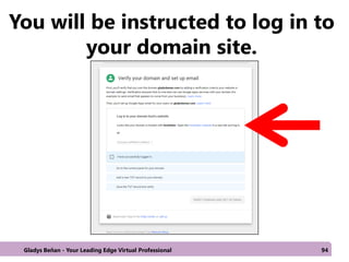 You will be instructed to log in to
your domain site.
Gladys Beñan - Your Leading Edge Virtual Professional 94
 