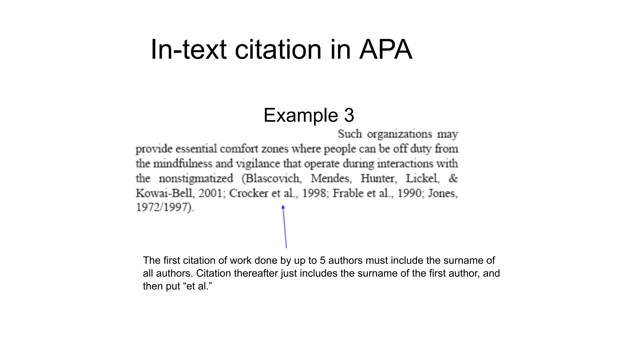 In-text citation in APA
Example 3
The first citation of work done by up to 5 authors must include the surname of
all authors. Citation thereafter just includes the surname of the first author, and
then put “et al.”
 