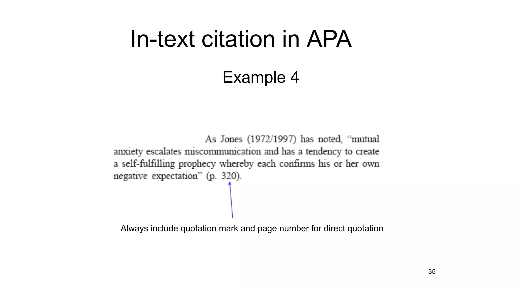 In-text citation in APA
Example 4
Always include quotation mark and page number for direct quotation
35
 