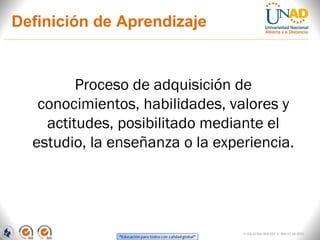 Definición de Aprendizaje


         Proceso de adquisición de
   conocimientos, habilidades, valores y
    actitudes, posibilitado mediante el
  estudio, la enseñanza o la experiencia.




                                 FI-GQ-GCMU-004-015 V. 000-27-08-2011
 