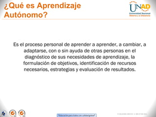 ¿Qué es Aprendizaje
Autónomo?


  Es el proceso personal de aprender a aprender, a cambiar, a
       adaptarse, con o sin ayuda de otras personas en el
        diagnóstico de sus necesidades de aprendizaje, la
       formulación de objetivos, identificación de recursos
       necesarios, estrategias y evaluación de resultados.




                                                FI-GQ-GCMU-004-015 V. 000-27-08-2011
 