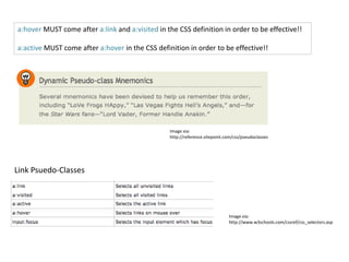a:hover MUST come after a:link and a:visited in the CSS definition in order to be effective!!

a:active MUST come after a:hover in the CSS definition in order to be effective!!




                                                 Image via:
                                                 http://reference.sitepoint.com/css/pseudoclasses




Link Psuedo-Classes




                                                                             Image via:
                                                                             http://www.w3schools.com/cssref/css_selectors.asp
 