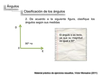 Ángulos
            Clasificación de los ángulos

             2. De acuerdo a la siguiente figura, clasifique los
             ángulos según sus medidas
    D

                                              El ángulo α es recto,
                                              ya que su magnitud
                                              es igual a 90º
            90º =α
        0
                            E




                     Material práctico de ejercicios resueltos, Víctor Monsalve (2011)
 