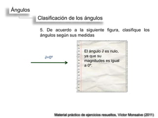 Ángulos
          Clasificación de los ángulos

           5. De acuerdo a la siguiente figura, clasifique los
           ángulos según sus medidas


                                       El ángulo ∂ es nulo,
             ∂=0º                      ya que su
                                       magnitudes es igual
                                       a 0º.




                    Material práctico de ejercicios resueltos, Víctor Monsalve (2011)
 